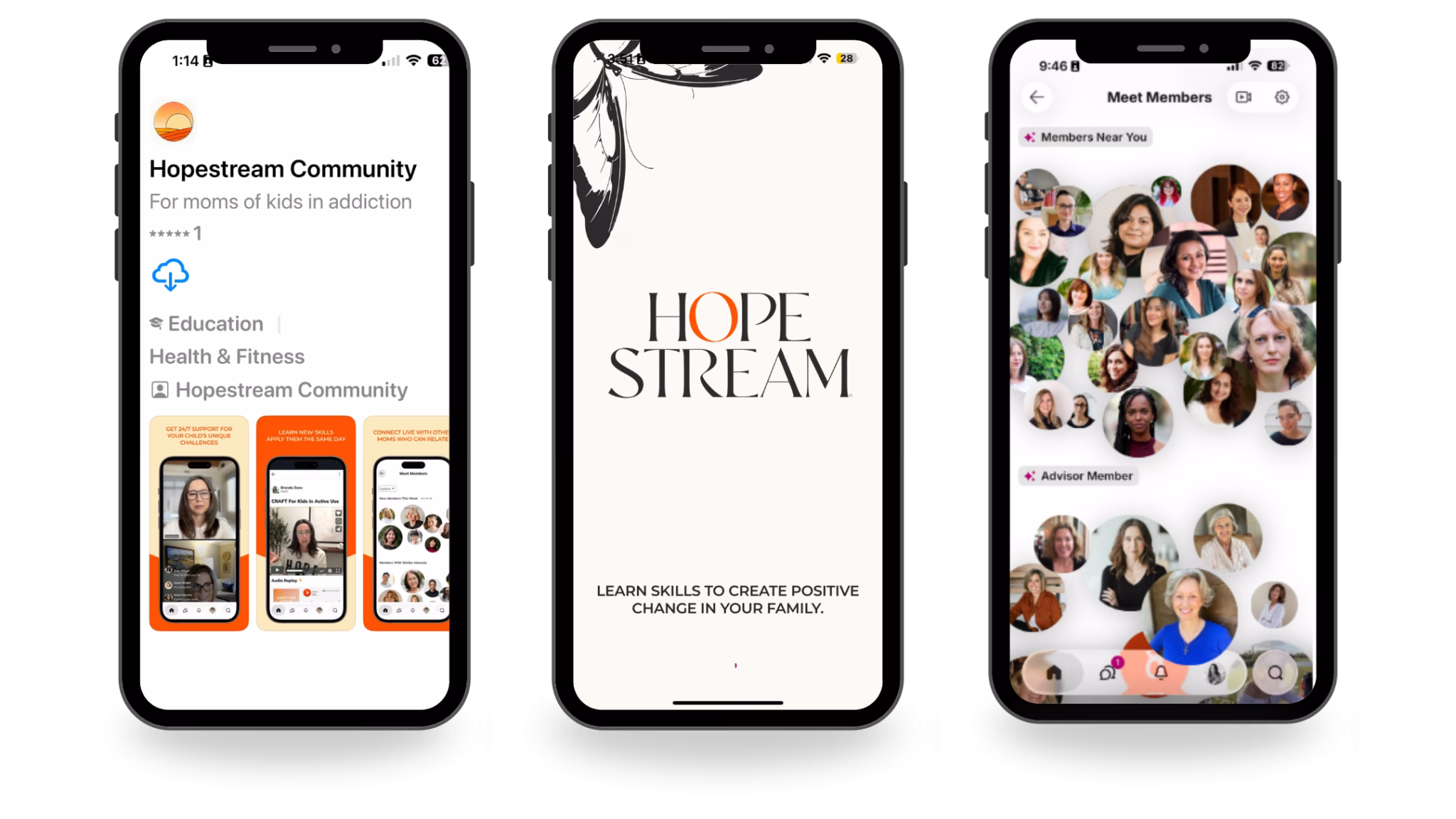 Three smartphone screens showing an app called Hopestream Community for moms of kids in addiction. The screens display the app’s logo, description, and a page with profile photos of community members.