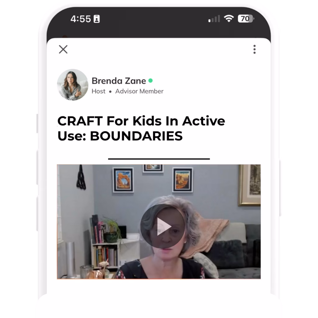 A phone screen shows a video titled CRAFT For Kids In Active Use: BOUNDARIES with Brenda Zane as host. Below the title is a paused video of a woman with short gray hair sitting in a cozy, decorated room.