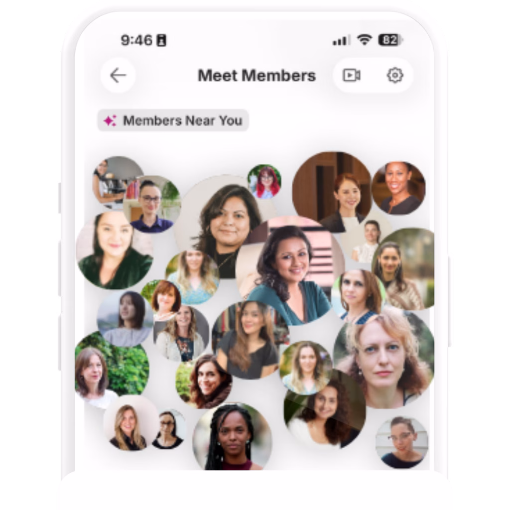 A smartphone screen displays a Meet Members page showing a collage of diverse women’s profile photos in circular frames, with a header reading Members Near You.