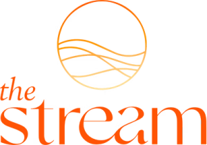 Logo with the words the stream in orange lowercase letters, featuring a circular design above with wavy lines inside, suggesting flowing water.