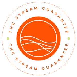 An orange circle with wavy white lines inside, surrounded by the words THE STREAM GUARANTEE repeated twice in orange text on a white circular border.