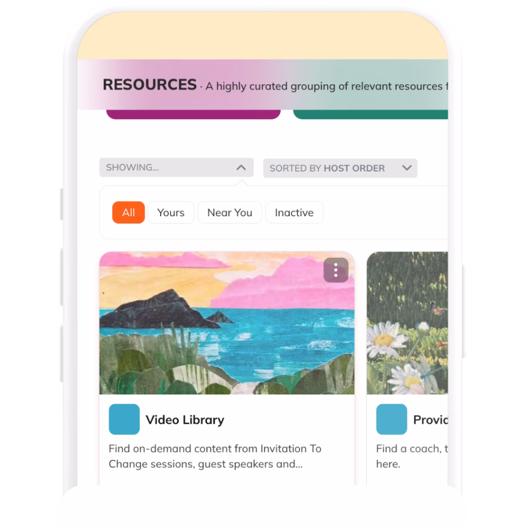 A smartphone screen displays a resources page with filter options and two colorful resource cards, one showing an ocean scene and the other with white flowers and greenery.